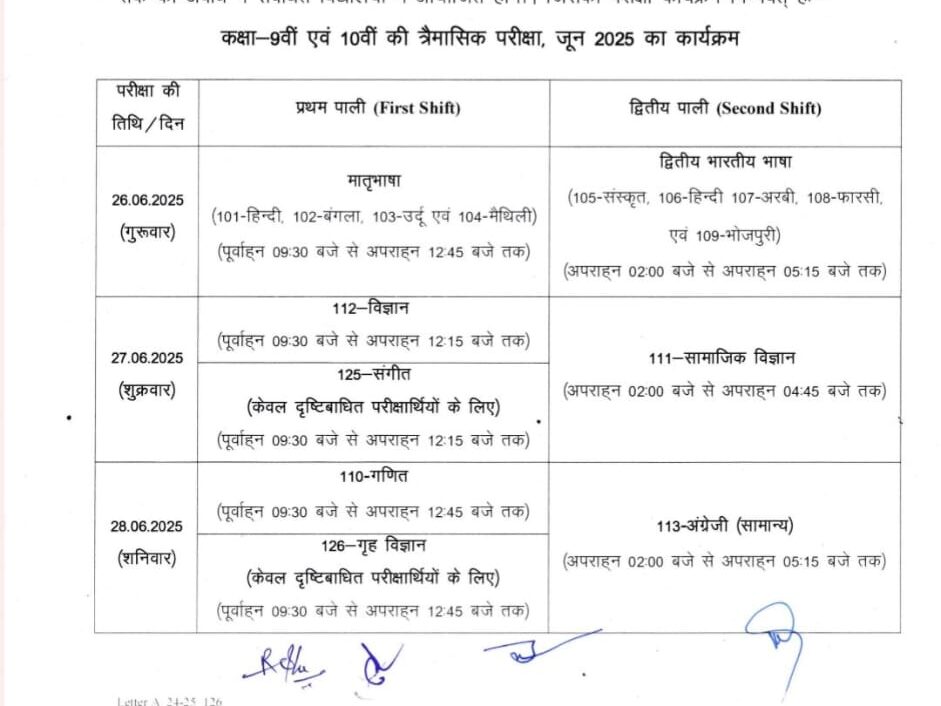 Bseb Class 9th & 10th June Quarterly Routine 2025