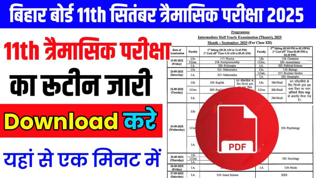 Bihar Board Class 11th Quarterly Exam Routine 2025: कक्षा 11वीं त्रैमासिक परीक्षा का रूटीन डाउनलोड करें