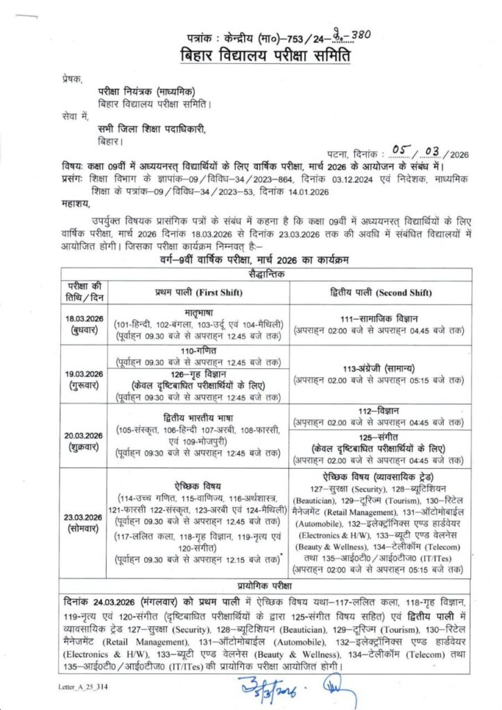 Bihar Board Class 9th Final Exam Routine 2026