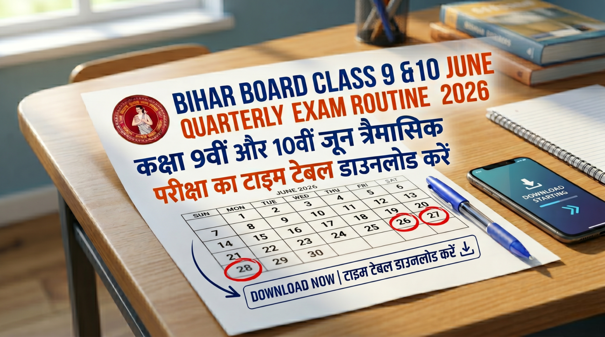 Bihar Board Class 9th & 10th June Quarterly Exam Routine 2026 : कक्षा 9वीं और 10वीं जून त्रैमासिक परीक्षा का टाइम टेबल डाउनलोड करें
