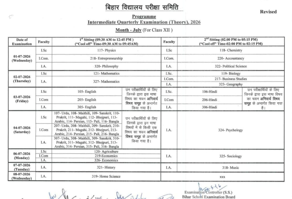Bihar Board 12th Quarterly Exam Routine 2026