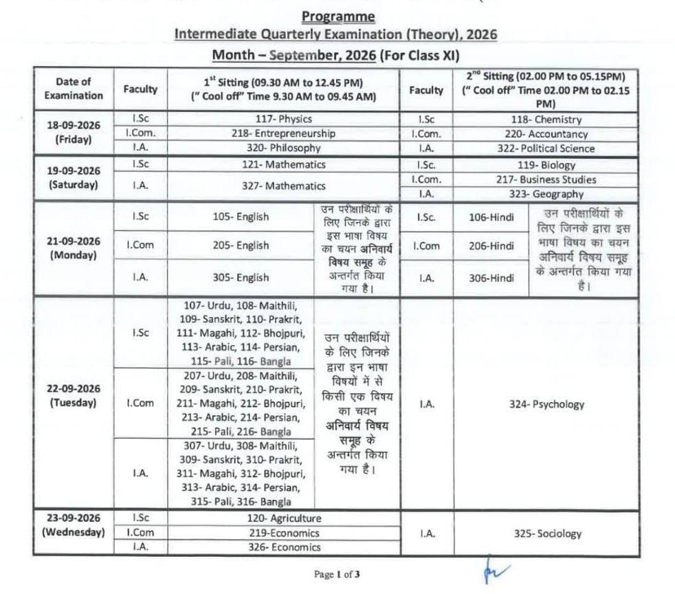 Bseb Class 11th September Quarterly Exam Routine 2026